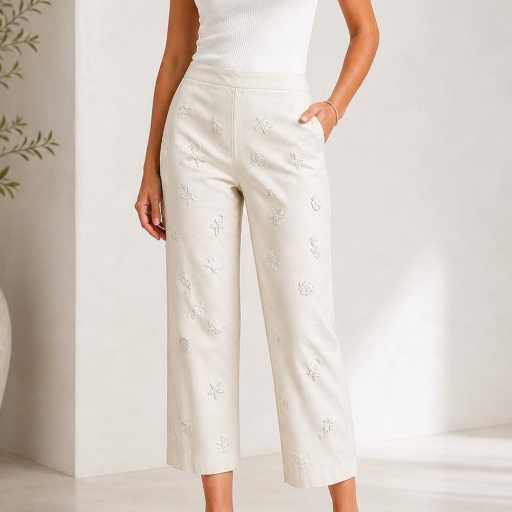 Talbots Cream Cropped Pant With Embroidered Seashell Detailing